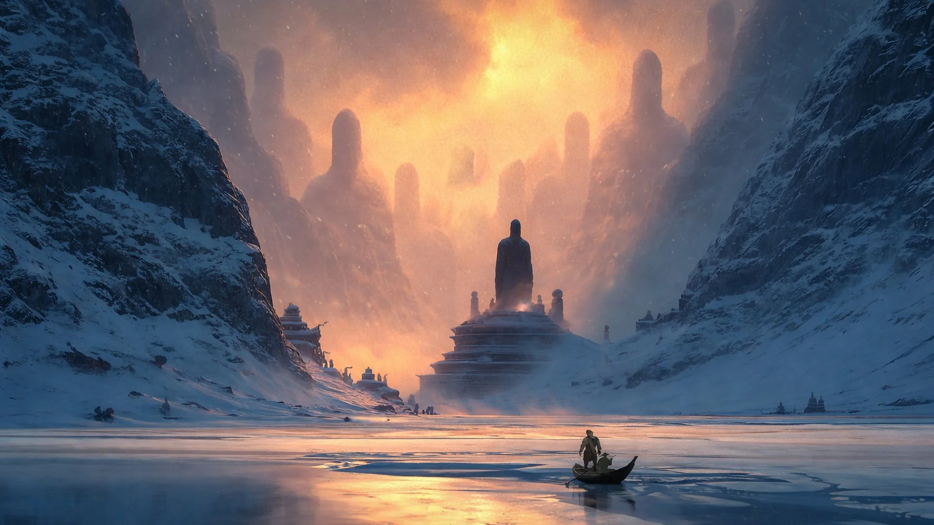 Project Windlessの雪山と凍結した湖の幻想的な風景