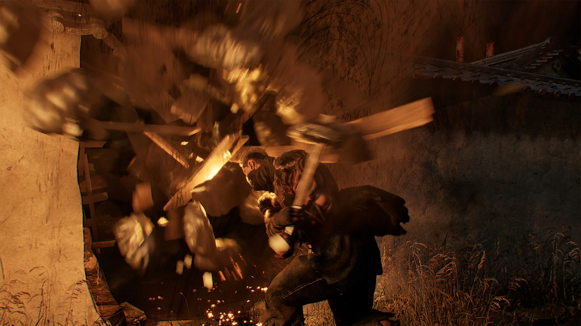 壁を破壊して新たな道を開く忍びの術が発動するゲーム画面