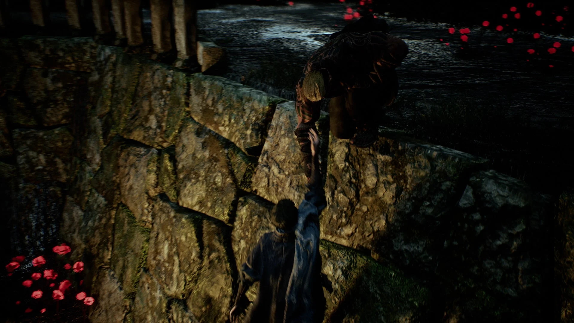 仲間と協力して高所へ登る忍びたちのゲームプレイ画面