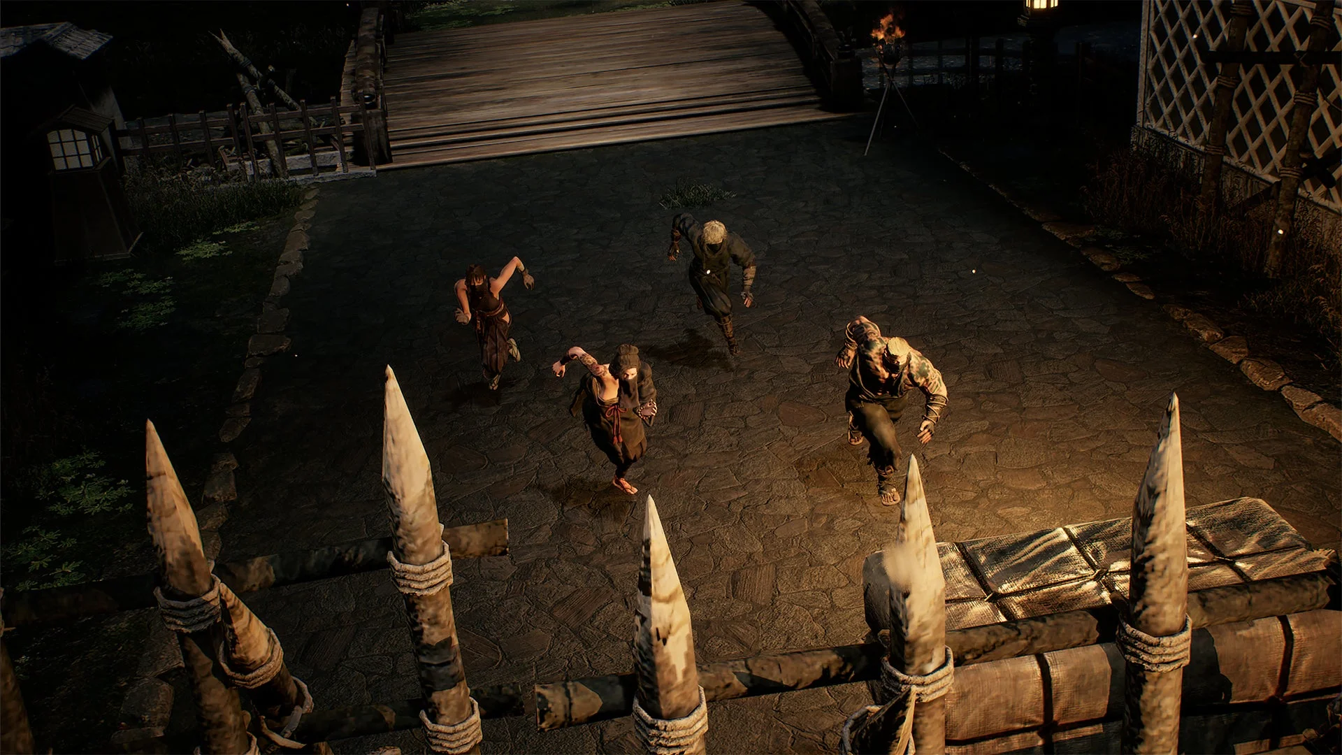 追跡者から逃走する四人の忍びのゲームプレイ画面