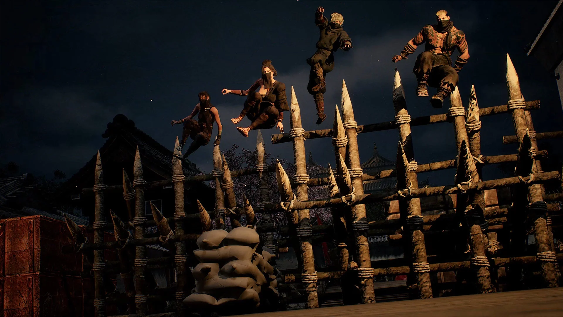 協力して障害物を乗り越える忍びたちのゲームプレイ画面