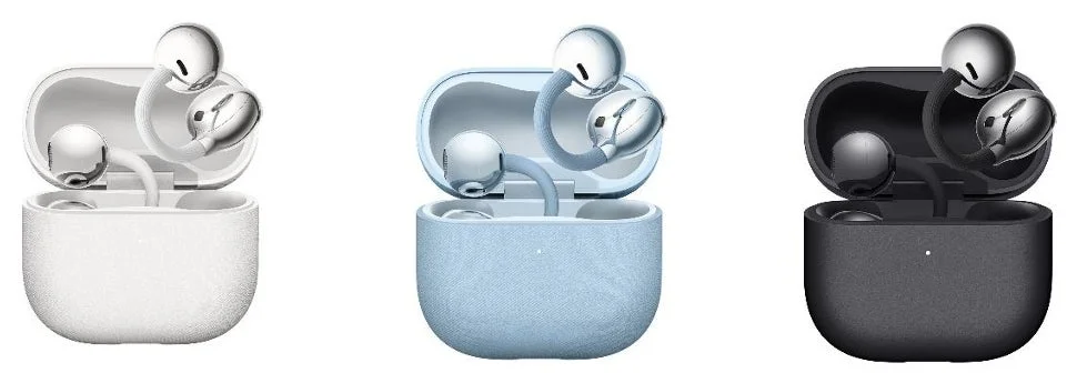 HUAWEI FreeClip 2のホワイト、ブルー、ブラックの3色と充電ケース