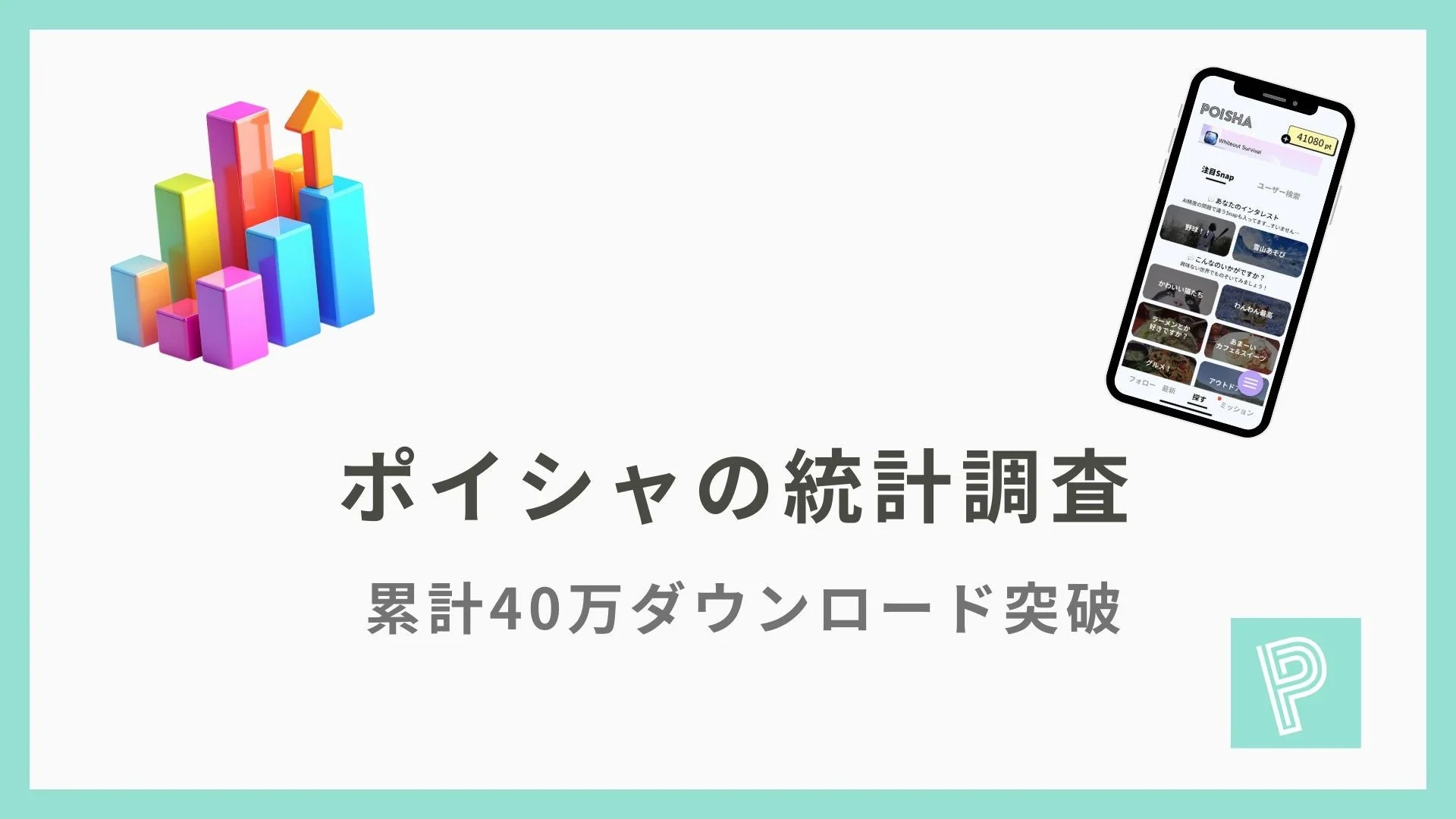 ポイシャの累計40万ダウンロード突破を示す統計調査画像