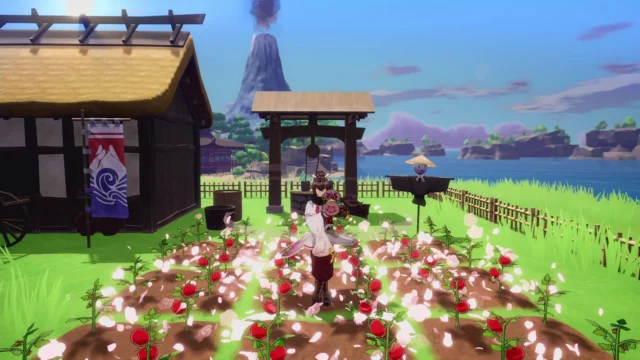 『龍の国 ルーンファクトリー』で鼓の舞により作物を成長させるゲーム画面。