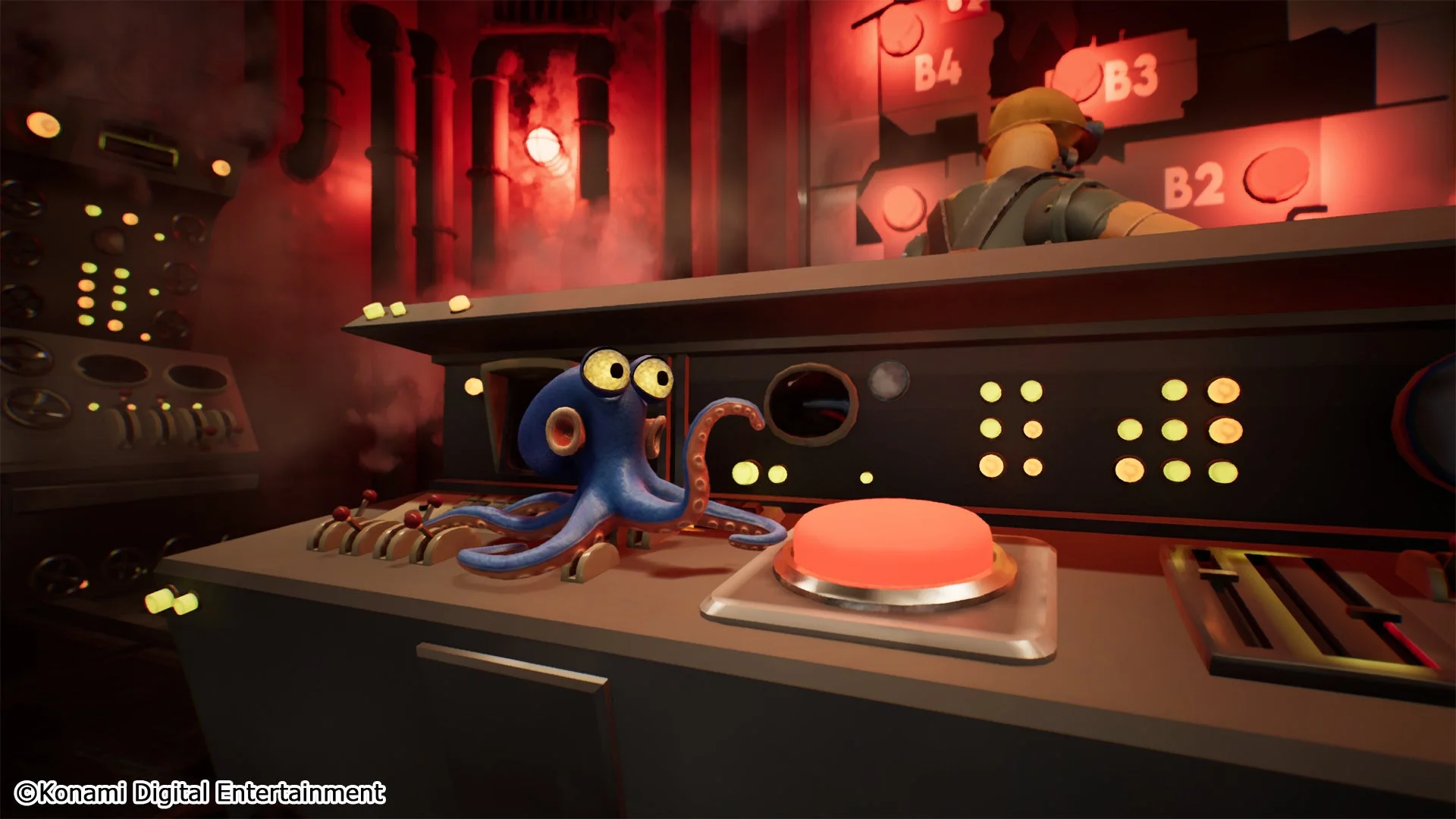 主人公のタコ「ダーウィン」が奇妙な工場でパネルを操作するゲーム画面