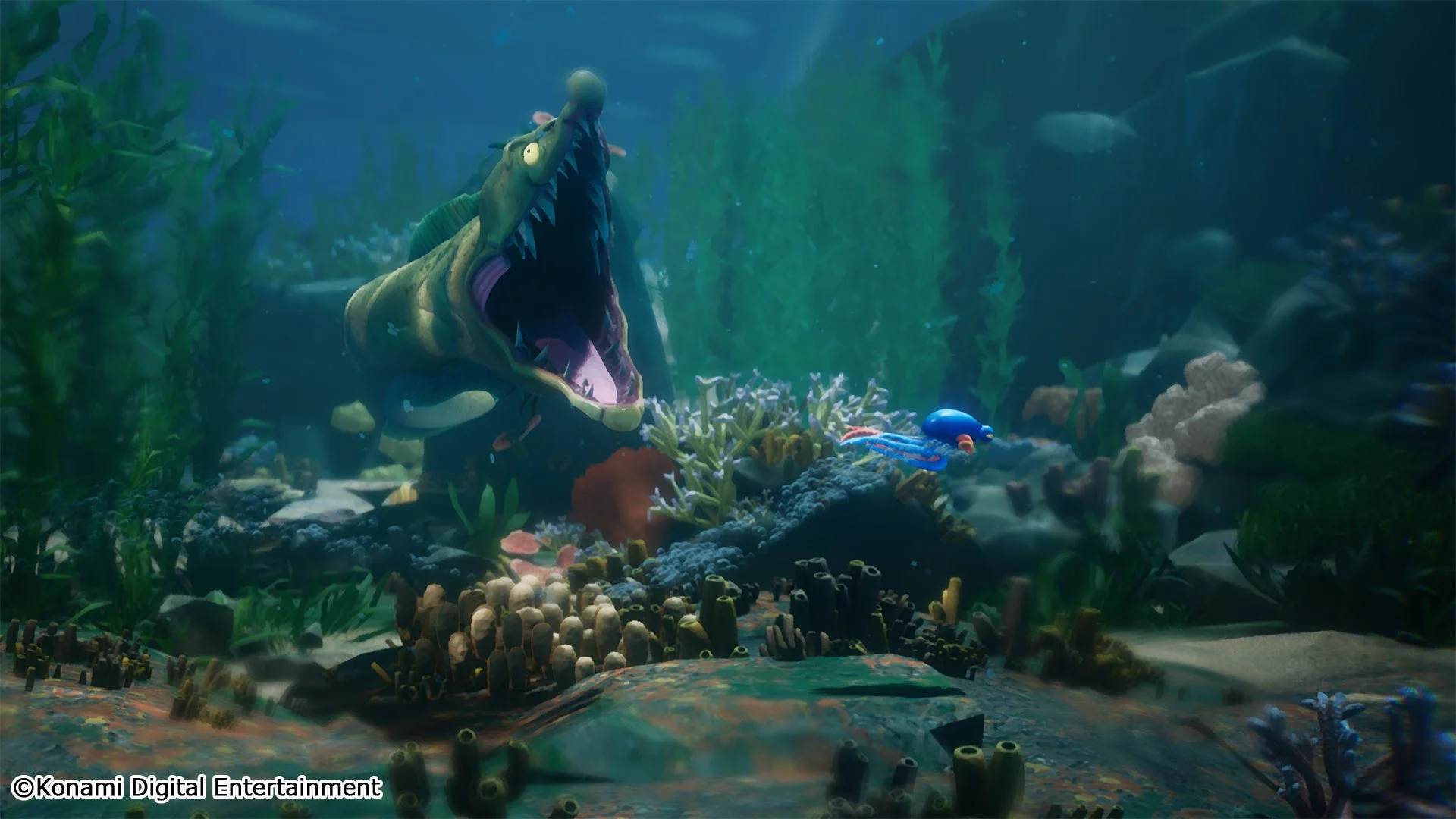 水中ステージで巨大な敵に遭遇するダーウィンのゲーム画面