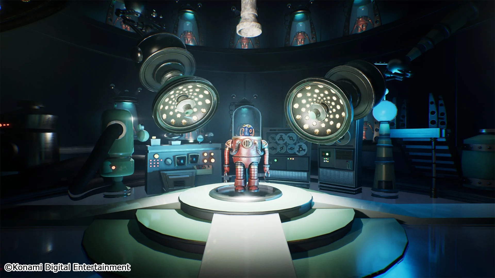 謎のロボットが中央に立つ工場内部のゲーム画面