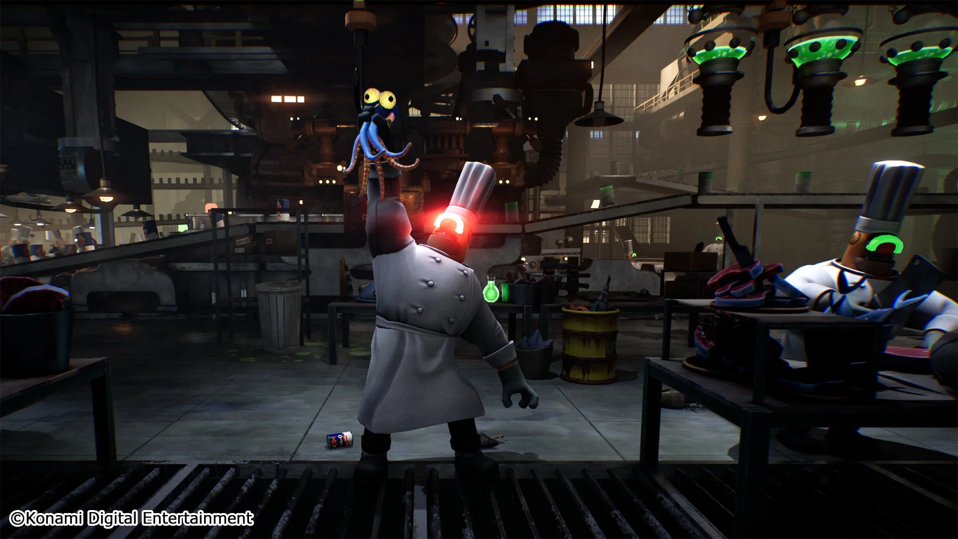 コック姿の敵から身を隠すダーウィンのゲーム画面