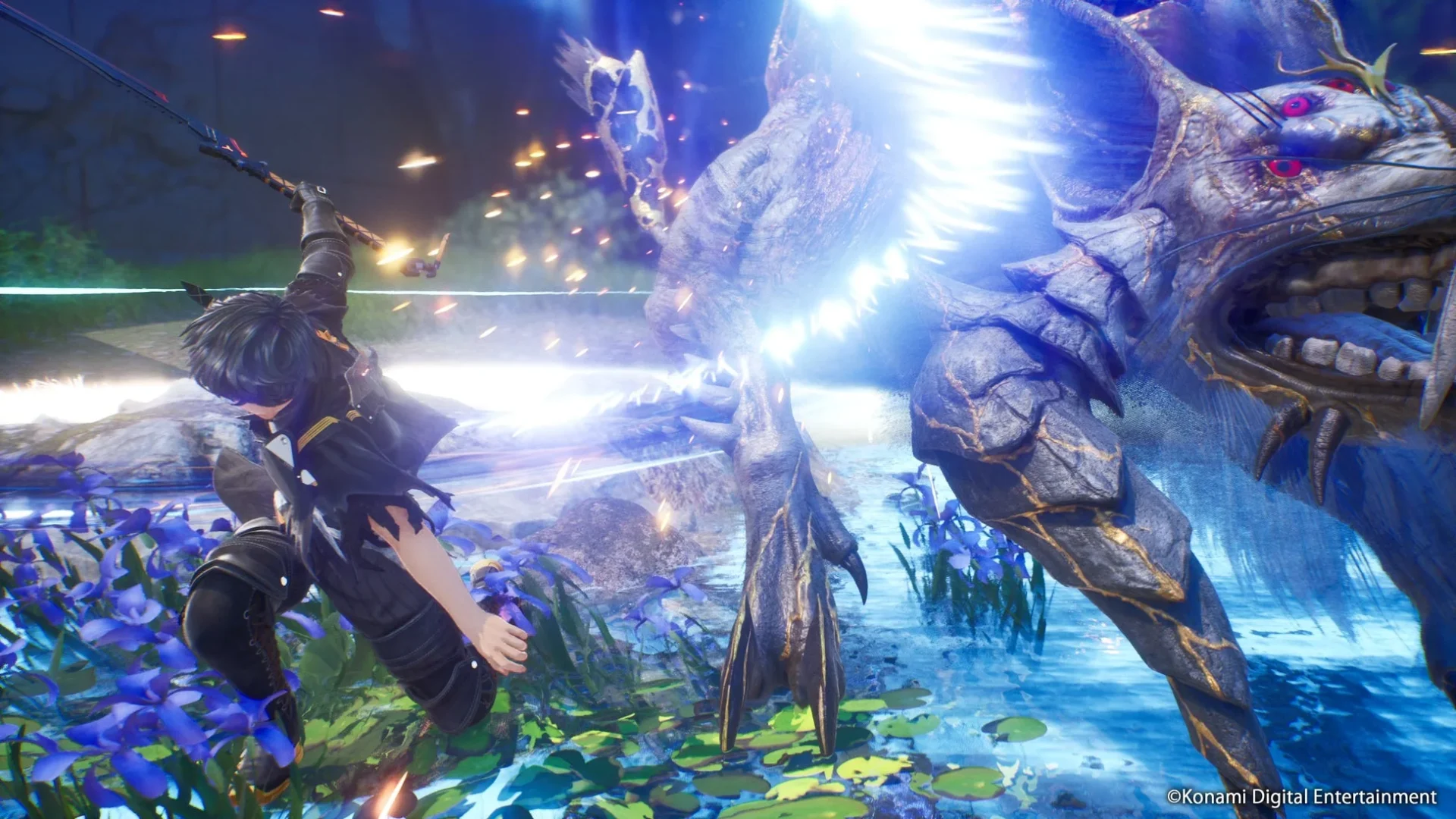 「Rev. NOiR」の激しい戦闘シーン、主人公が敵と対峙