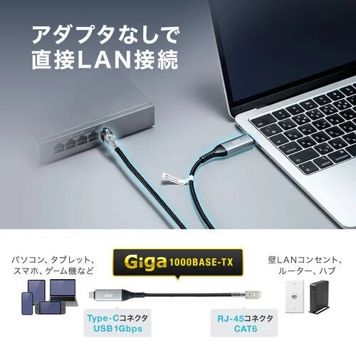 USB Type-Cポートから直接LAN接続する様子とGiga対応の製品図