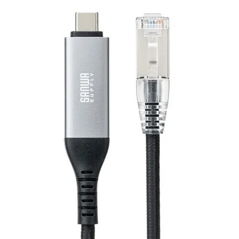 Type-C LAN変換ケーブルのUSB Type-CコネクタとLANコネクタの別角度からのクローズアップ