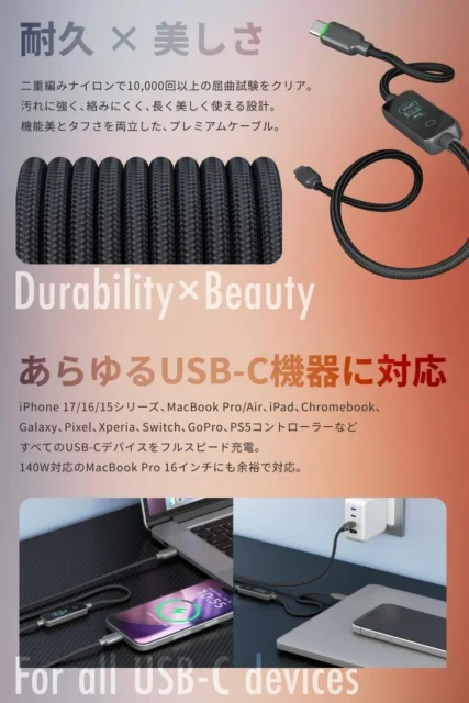 PowerSight 240Wの高耐久ナイロン設計と幅広いUSB-C機器への対応