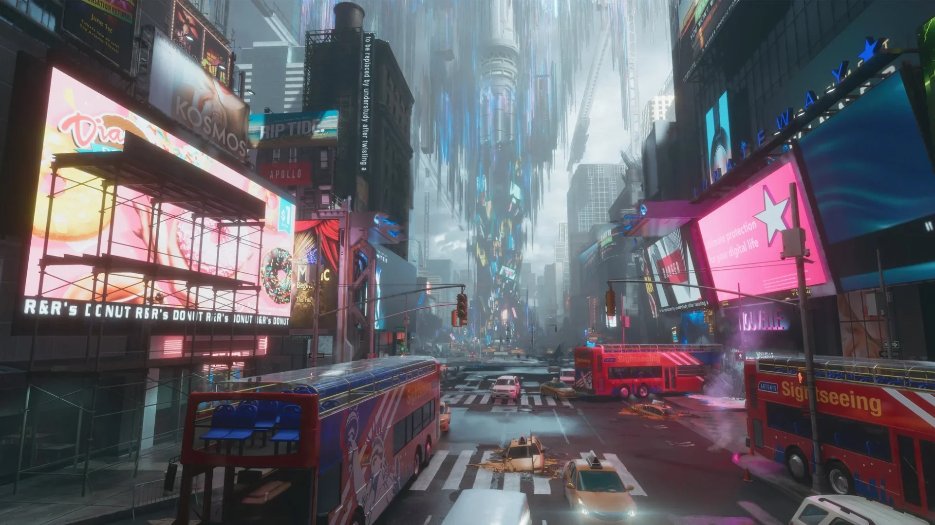 月面に再現されたタイムズスクエアのようなニューヨークの街並み