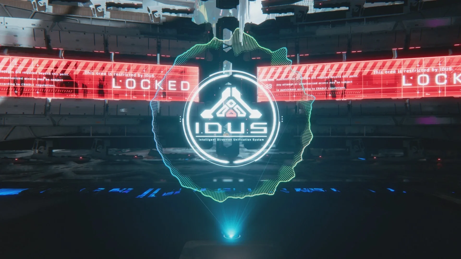 ゲーム内のハッキングUI「IDUS」と「LOCKED」表示