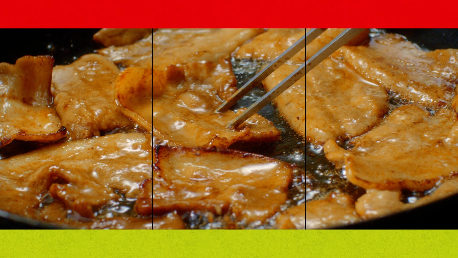 やよい軒「豚まぶし定食」の豚肉が焼かれている調理風景