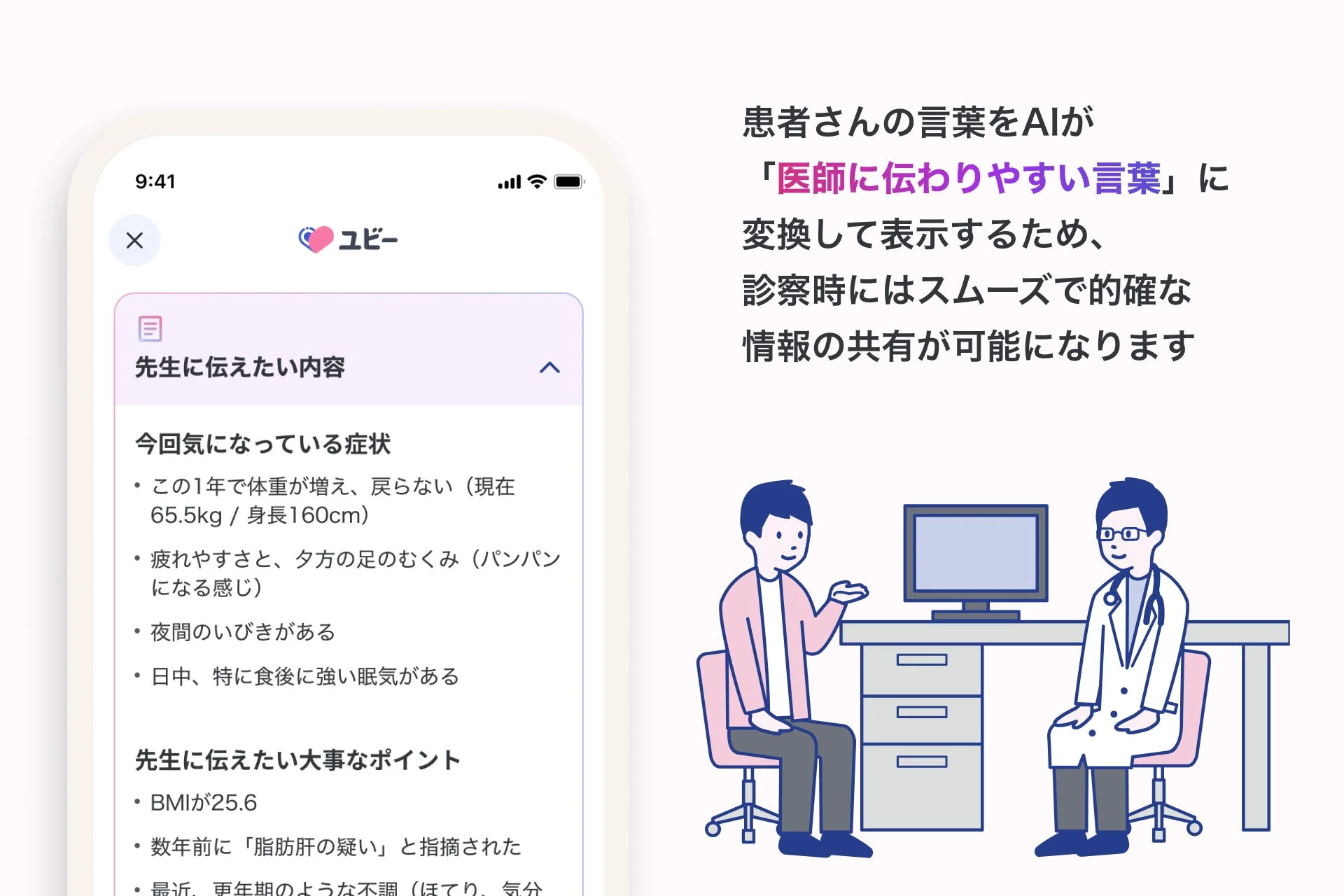 ユビーの受診メモ画面と医師・患者の対話イラスト、スムーズな情報共有を説明