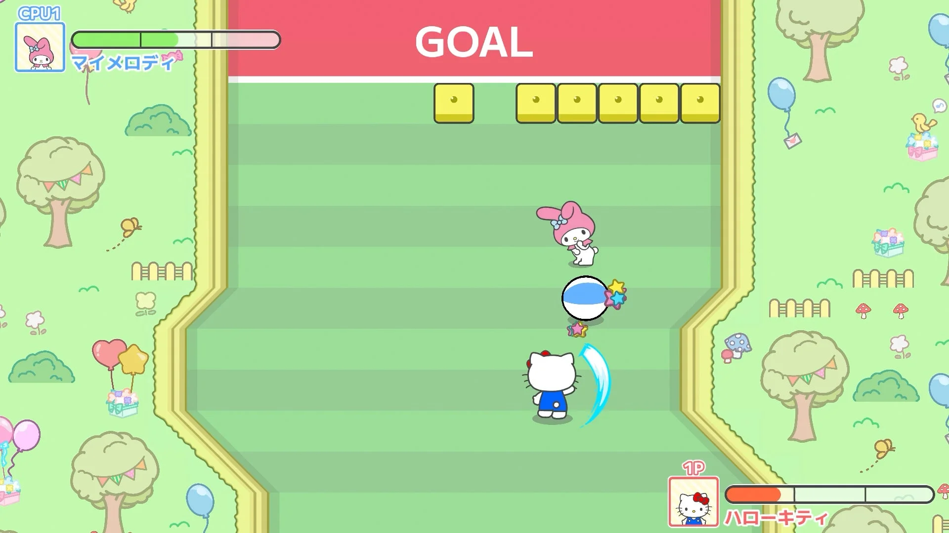 ハローキティとマイメロディが対戦するゲームプレイ画面