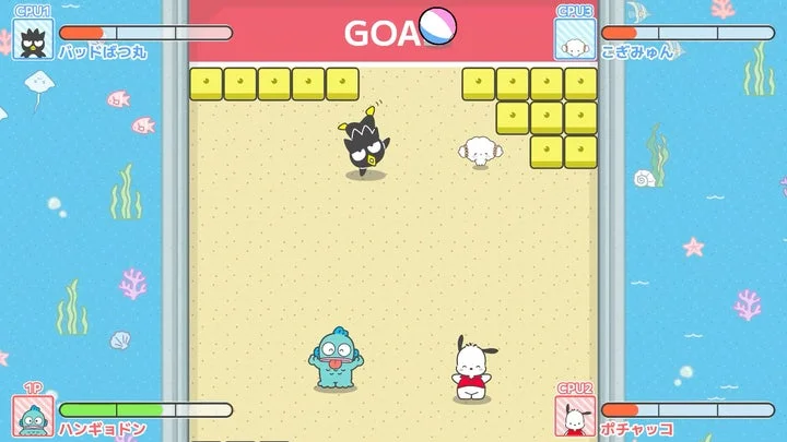 バッドばつ丸たちがブロックを打ち合うゲームプレイ画面