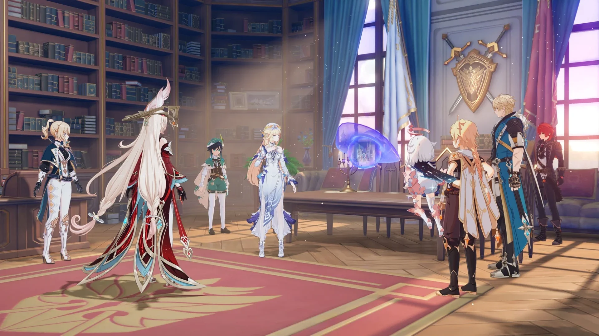 モンドの西風騎士団本部で集まるキャラクターたちのストーリーシーン。