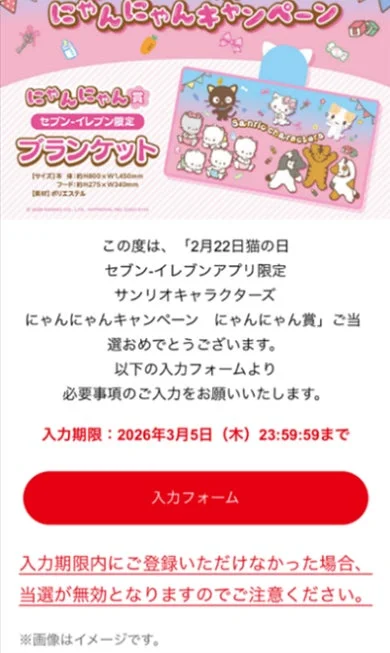 「にゃんにゃん賞」当選後の入力フォーム案内画面