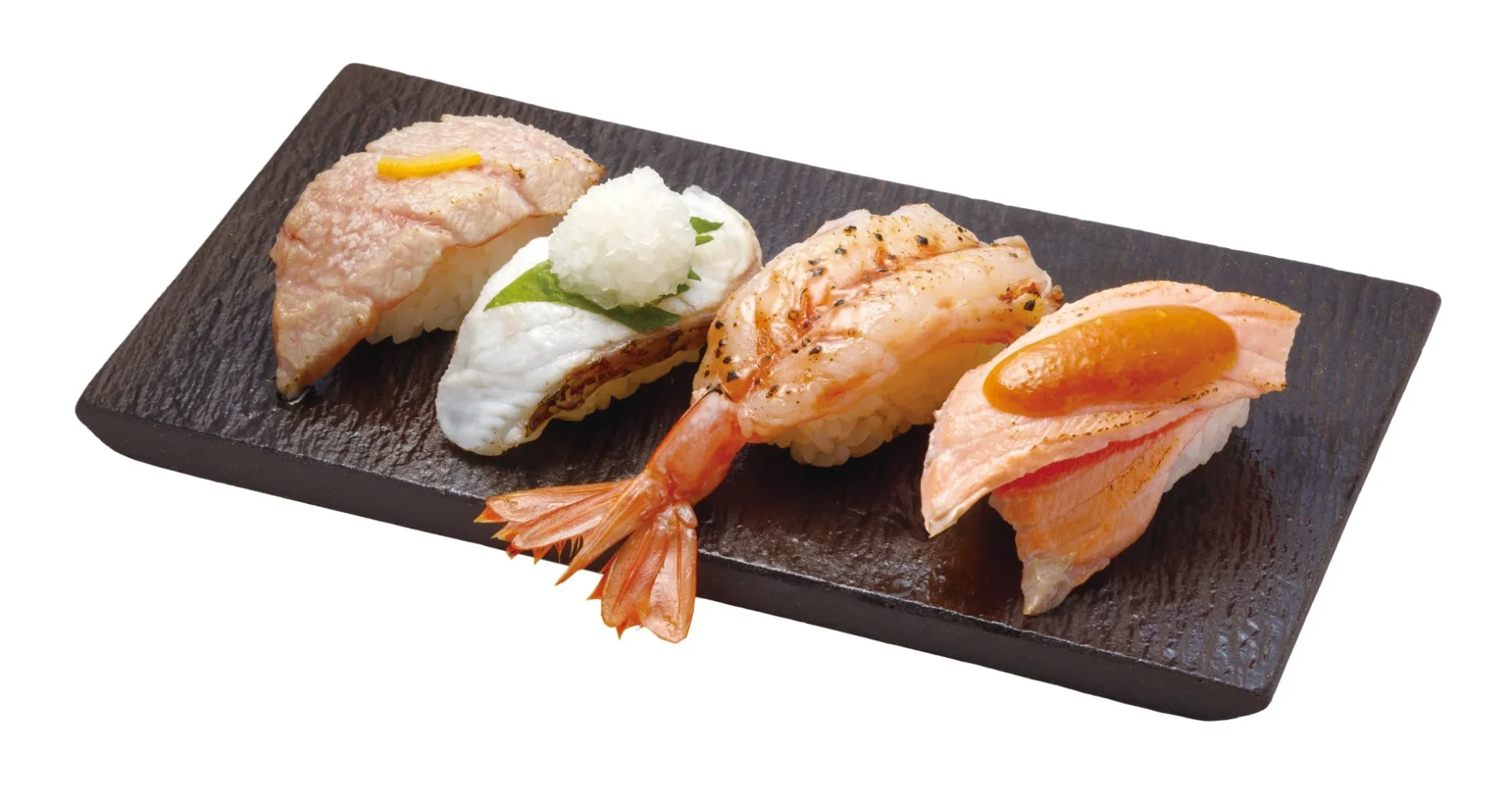 はま寿司の極炙り三昧(炙り本鮪大とろゆず塩、炙りまだい、天然赤えびレアステーキ、サーモン西京炙り)