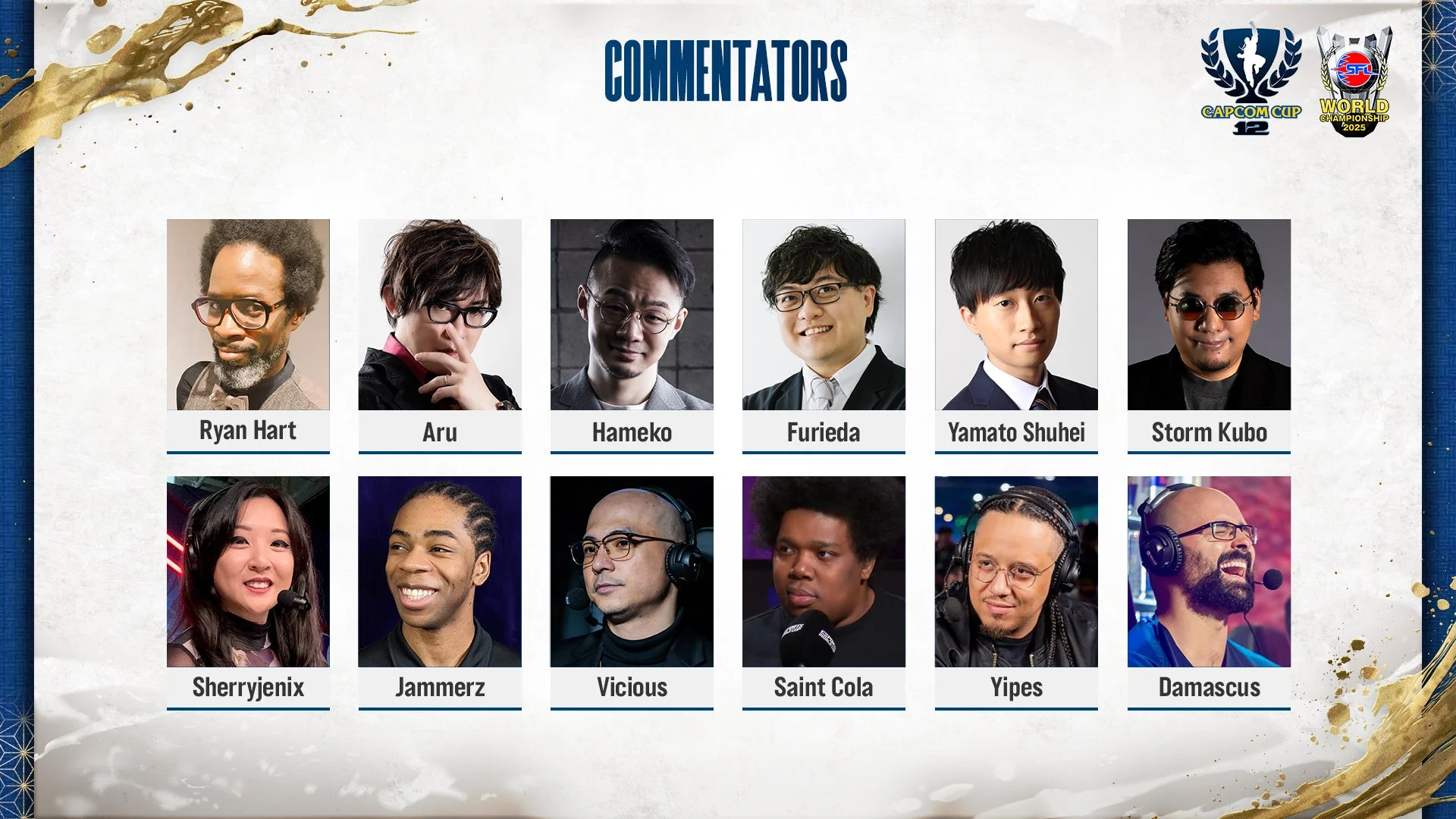 CAPCOM CUP 12とSFL WC 2025のMC、日本語・英語配信キャスターの顔写真と名前一覧