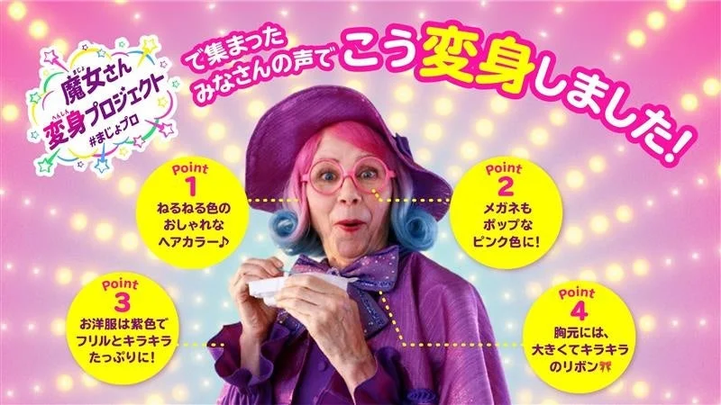 新しい魔女さんのヘアカラー、メガネ、洋服、リボンの4つの変身ポイント