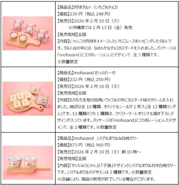 mofusand監修の肉球タルト、わふわ~む、シリアルボウル&白桃ゼリーの商品情報。