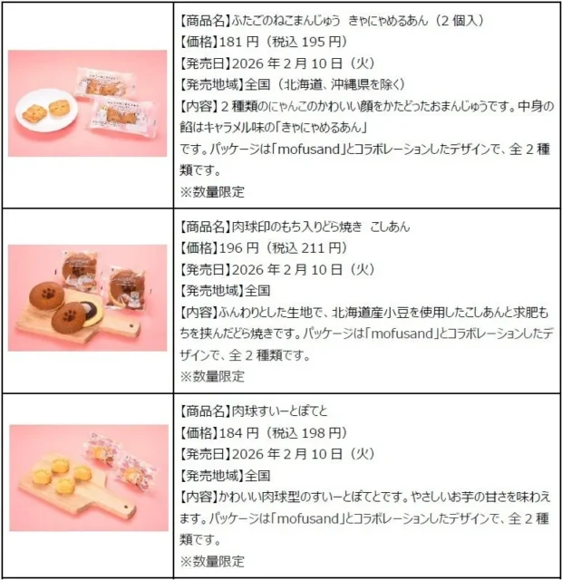 mofusand監修のふたごのねこまんじゅう、肉球どら焼き、肉球すいーとぽてと商品情報。