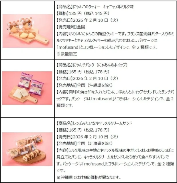 mofusand監修のにゃんこクッキー、にゃんチパック、しっぽみたいなキャラメルクリームサンドの商品情報。