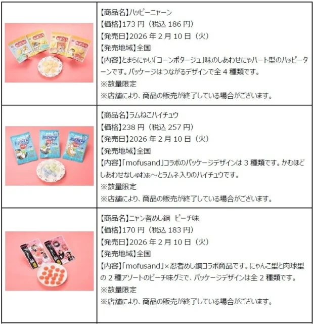 mofusand監修のハッピーにゃーン、ラムねこハイチュウ、ニャン者めし鍋ピーチ味の商品情報。