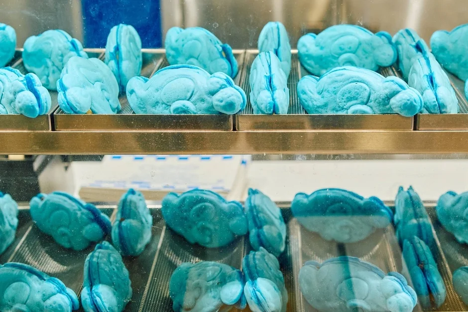 陳列された「白井さん」の青いコラボ焼き全体像