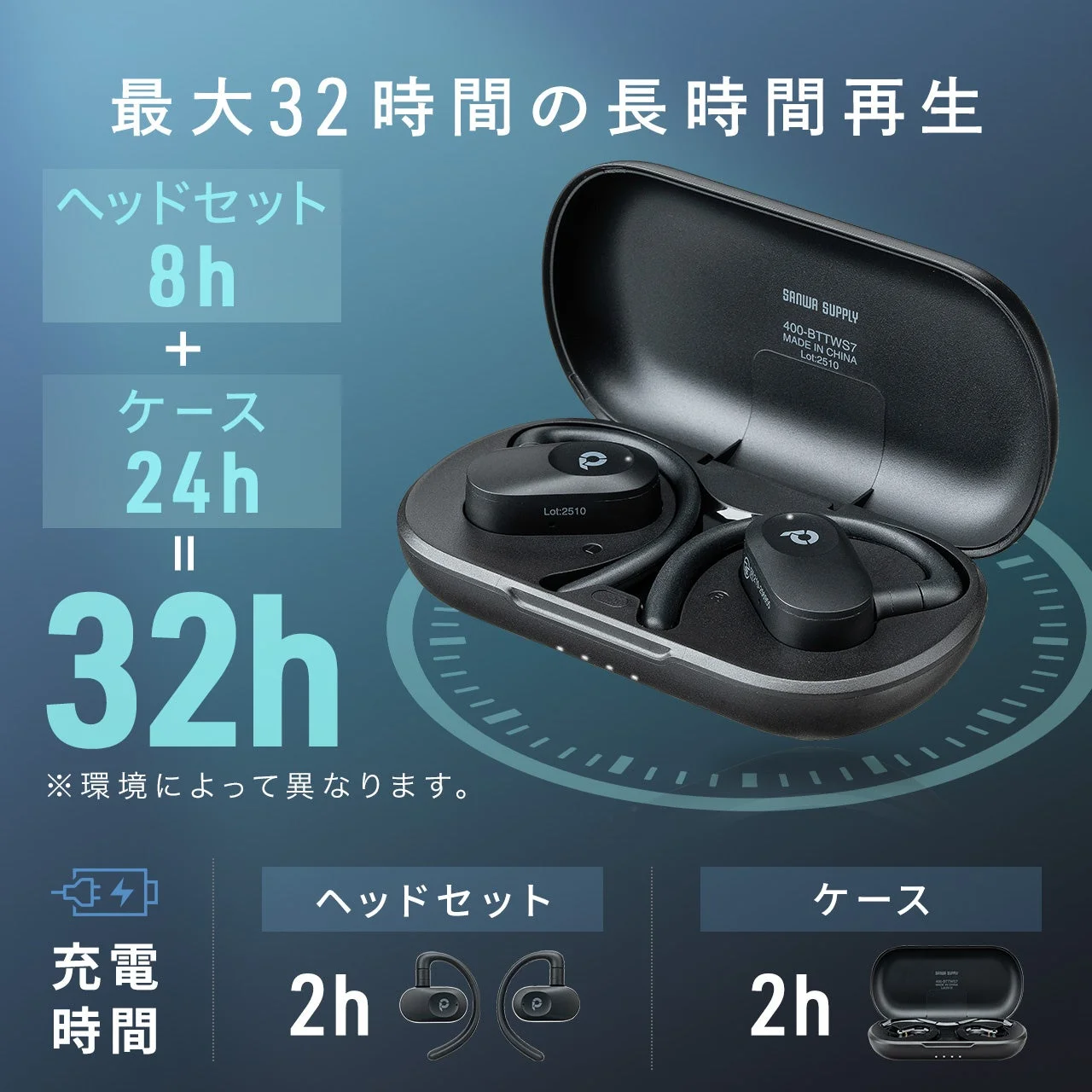 最大32時間の長時間再生が可能なバッテリー情報