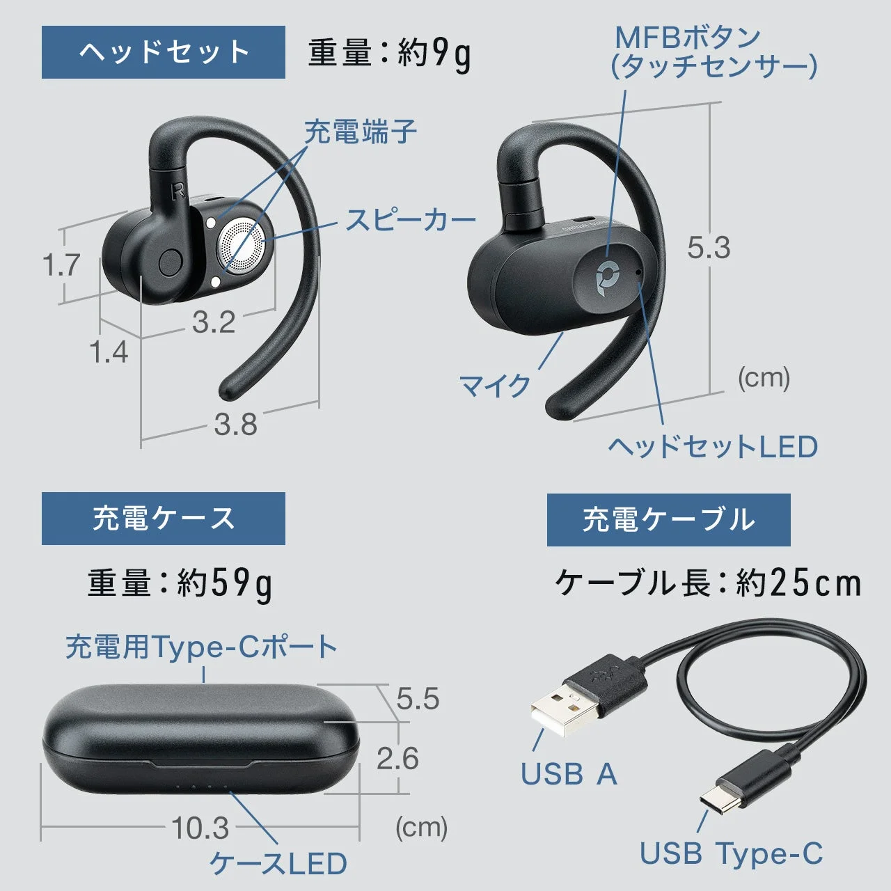 オープンイヤー型イヤホン400-BTTWS7の製品仕様