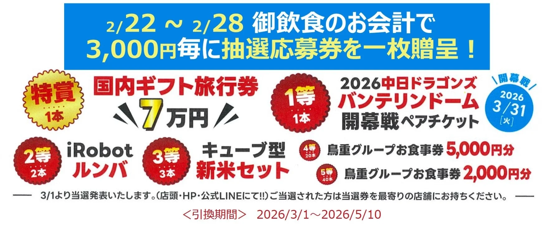 大創業祭の豪華抽選会景品一覧、国内旅行券7万円分やドラゴンズ開幕戦ペアチケット