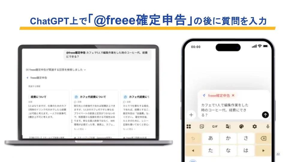 ChatGPT上で「@freee確定申告」と入力し質問する画面のUI。