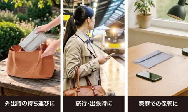 あんしん耐火ポーチを外出時、旅行・出張時、家庭で保管する様々な使用シーン。