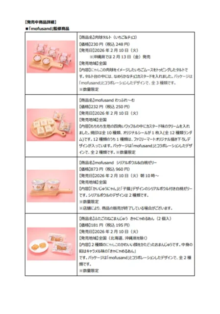mofusand監修商品「肉球タルト」「わっふれ～む」「シリアルボウル＆白桃ゼリー」「ふたごねこまんじゅう」の詳細