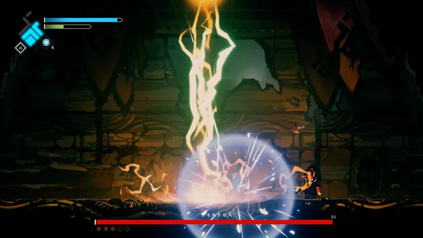 「ソラテリア」の戦闘システム「パイロンアクション」発動中のゲーム画面。