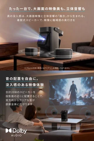 Soundcore Nebula P1のスピーカー配置例とDolby Audioによる没入感のある映像体験を示す画像
