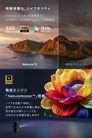 Soundcore Nebula P1の高輝度・高解像度と独自エンジン「NebulaMaster」の映像補正機能を示す画像