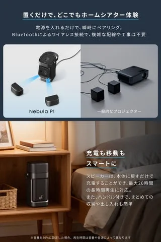 Soundcore Nebula P1のワイヤレス接続とスマートな充電・移動方法を示す画像
