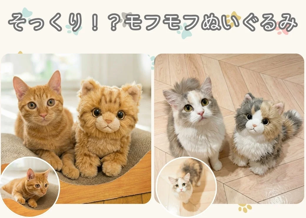 YouCamアプリで愛猫が生成されたぬいぐるみと並ぶ比較画像