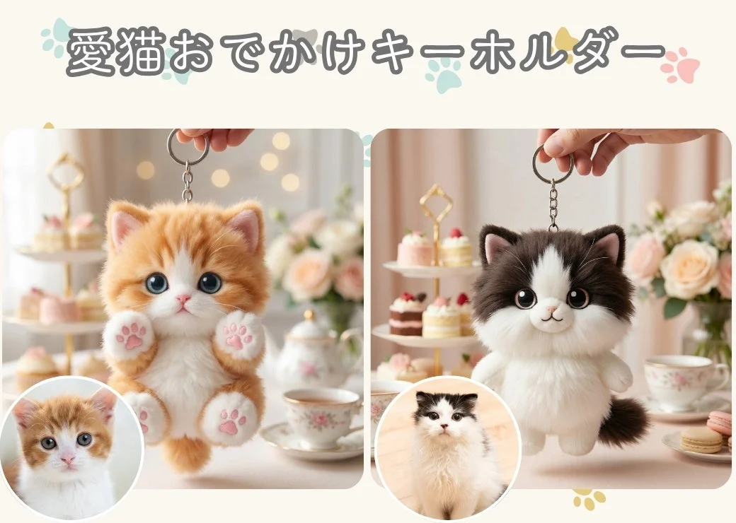 YouCamアプリで愛猫が生成されたキーホルダーと並ぶ比較画像