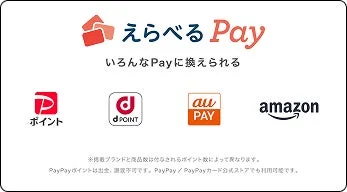 えらべるPayで交換可能なPayPayポイント、dポイント、au PAY、Amazonギフトカードのロゴ