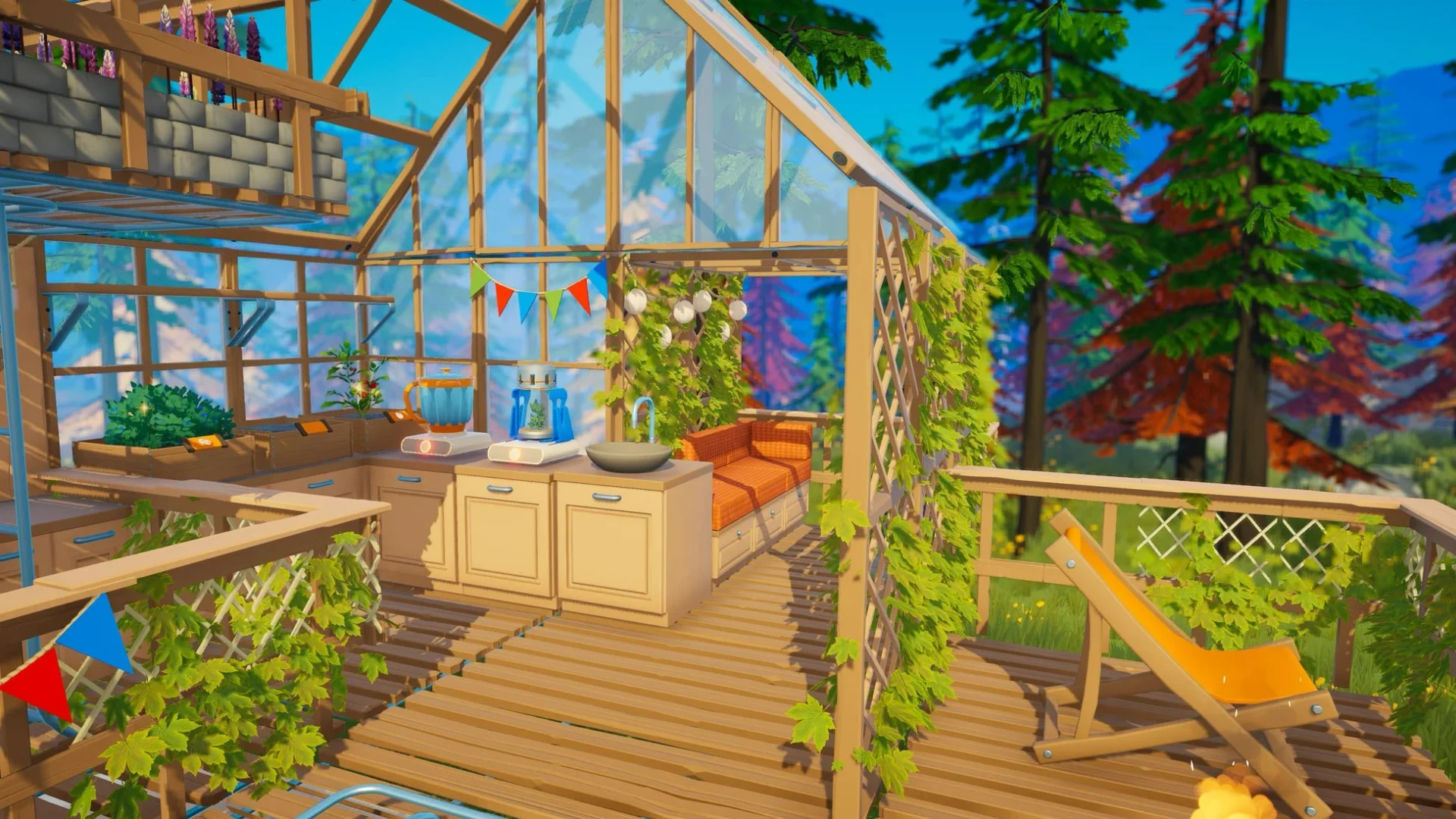 キャンピングカーに増築された、植物を育てる温室とキッチンスペース