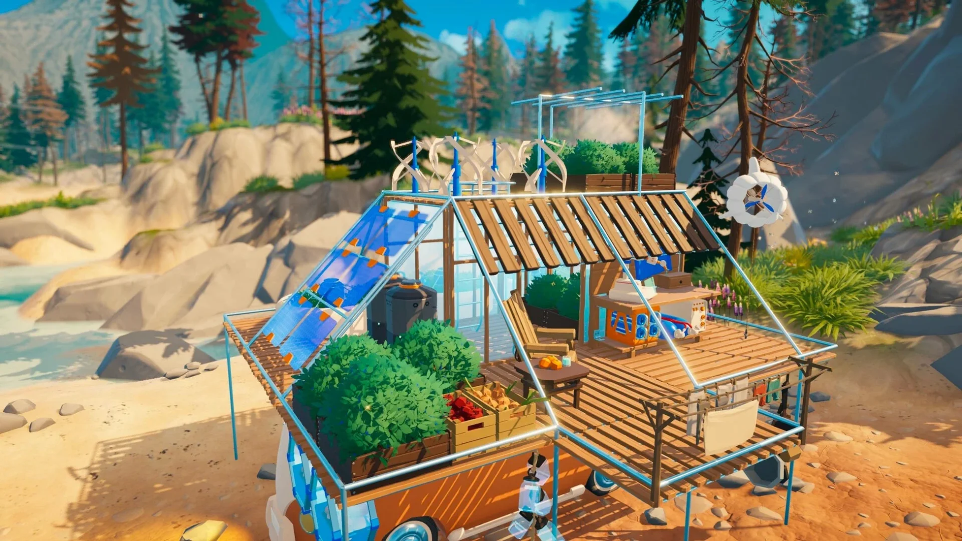 複数のモジュールで増築され、太陽光パネルや植物が設置されたキャンピングカー