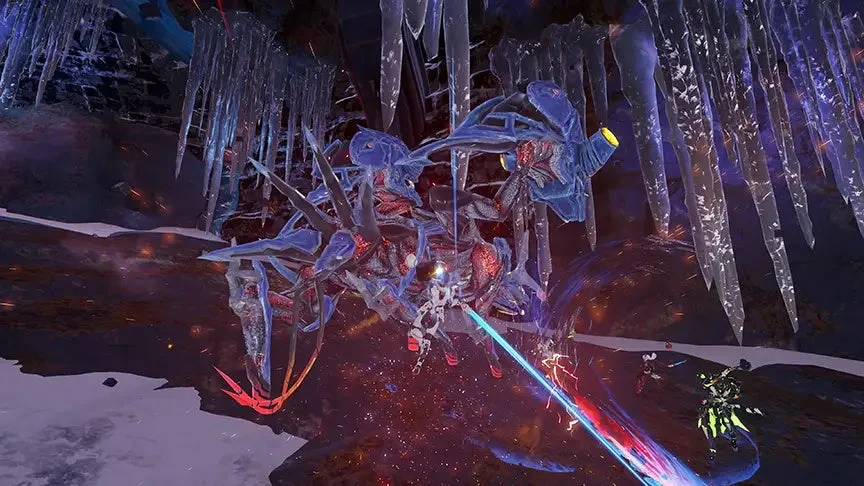 氷の洞窟でエネミーと戦うプレイヤーたち