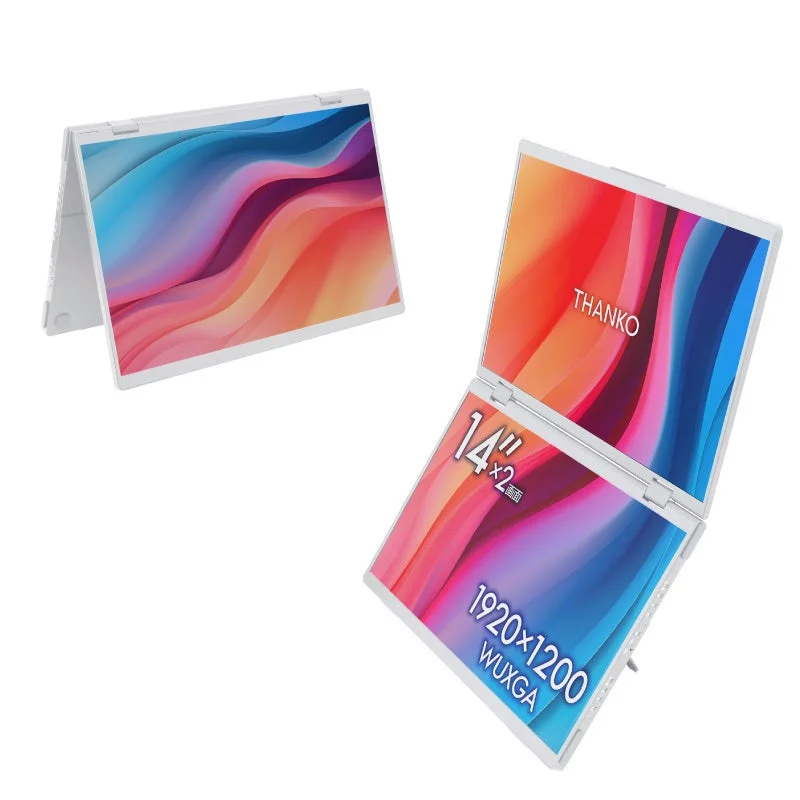 ホワイトのポータブルモニター（展開時と折りたたみ時）と解像度表記