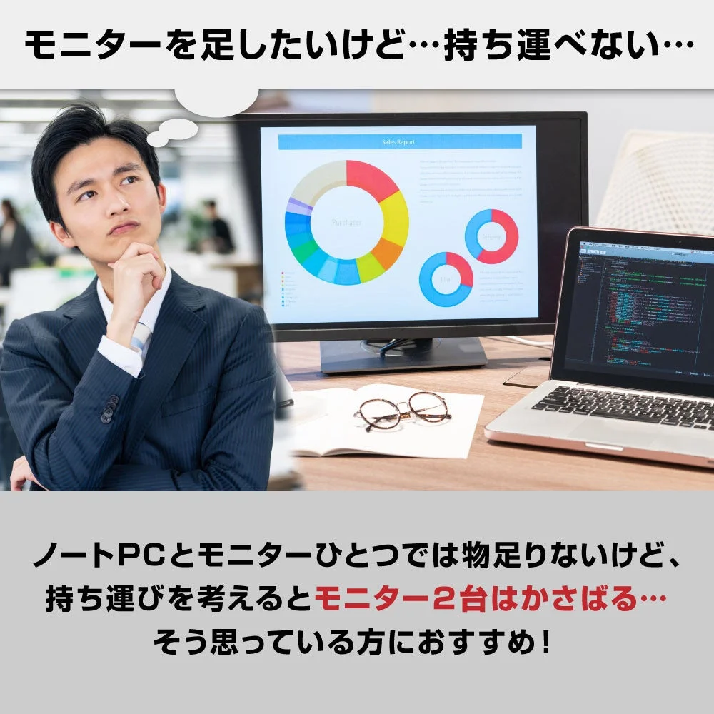 モニター追加の課題と本製品の解決策を提示するイメージ